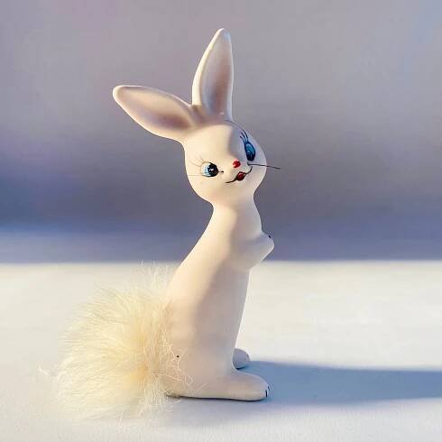 Mid Century Bunny Rabbit with White Fluffy tail- Cute Kitsch - Ceramic -little whiskers - hand painted
