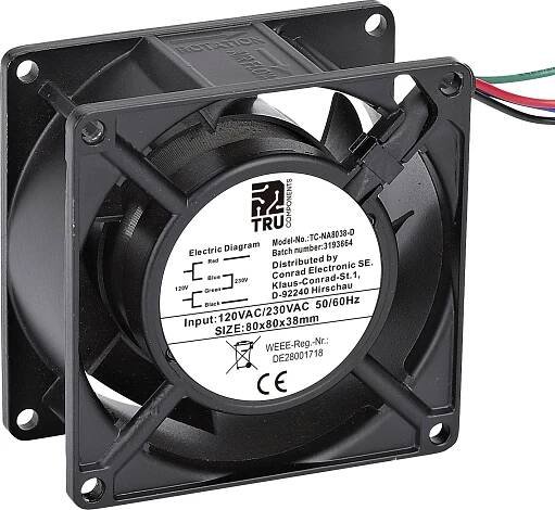 TRU COMPONENTS TC-NA8038-D axiální ventilátor, 230 V/AC, 120 V/AC, 85 m3/h, (d x š x v) 80 x 80 x 38 mm, TC-12774656