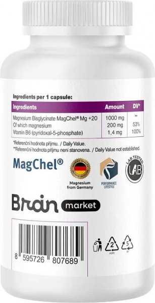 BrainMax Performance Magnesium, 1000 mg, Hořčík 200 mg + Vitamín B6 P5P, 50 kapslí