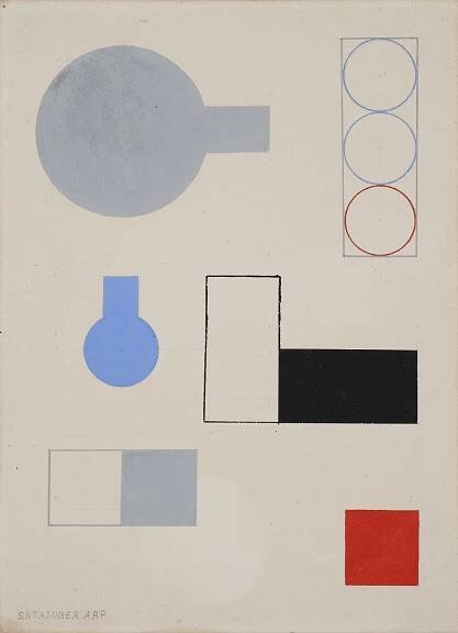 an abstract painting with blue, black, red and grey shapes on it's surface