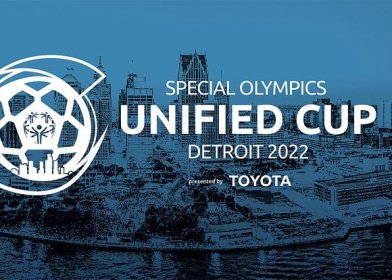 image of Downtown Detroit. Text reads: Special Olympics Unified Cup Detroit 2022 Presented by Toyota. 