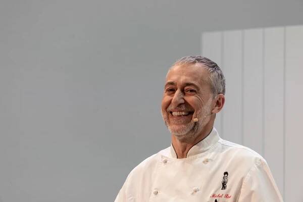 Michel Roux Junior cooks chilled white almond & garlic soup in the Big Kitchen hosted by Marcus Bean live at the BBC Good Food Show Summer, 16th June 2022