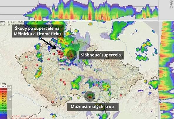 Přes Mělnicko se přehnala supercela, místy spadly kroupy velké až čtyři centimetry