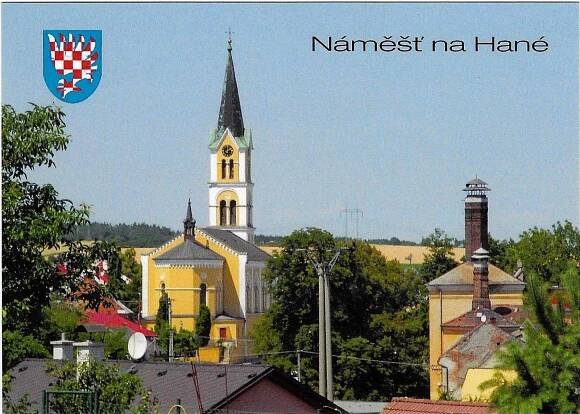 městys Náměšť na Hané - kostel sv. Kunhuty a pivovar, erb - Pohlednice místopis