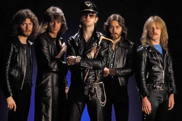 Photo of Rob HALFORD and Les BINKS and KK DOWNING and JUDAS PRIEST and Ian HILL and Glenn TIPTON, L-R: Les Binks, Glenn Tipton, Rob Halford, Ian Hill, KK Downing