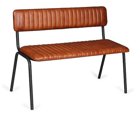Vintage Brown Leather Bench with Back and Black Leg
