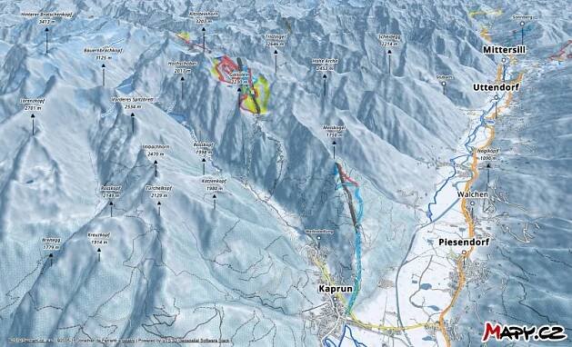 3D zimní mapa lyžařské oblasti Kaprun - Kitzsteinhorn