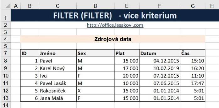 Excel funkce FILTER - více podmínek - zdrojová tabulka