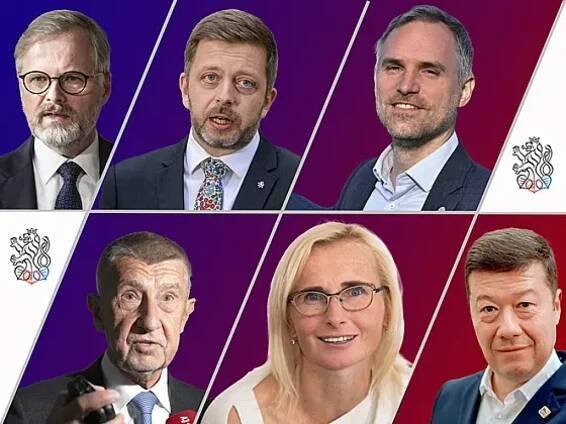 Horní řada zleva: Petr Fiala, Vít Rakušan, Zdeněk Hřib. Dolní řada zleva:...
