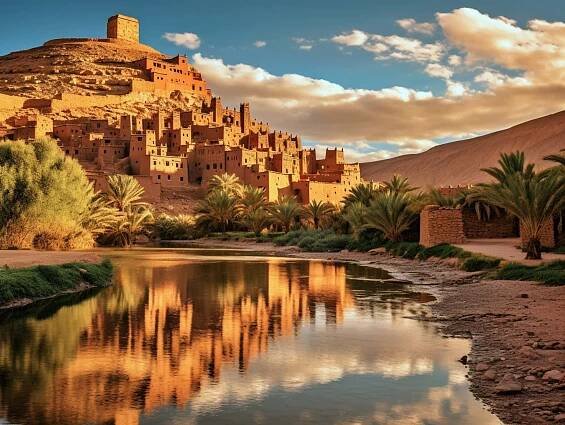 Bezplatný obrázek: Panoráma města Ait Benhaddou v Maroku, slavné středověké město s tradičním africkým architektonickým stylem s oázou s palmami