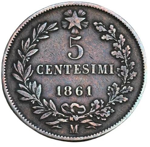 ✅Itálie 5 centesimi 1861 - M - Král Viktor Emanuel II. (1861 - 1878) - Numismatika