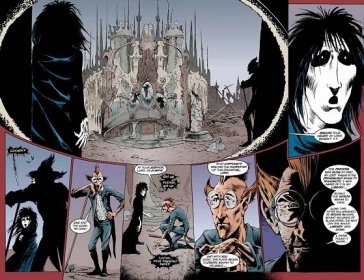 A comic page from The Sandman where Lucien tells Morpheus his realm and castle are in disarray