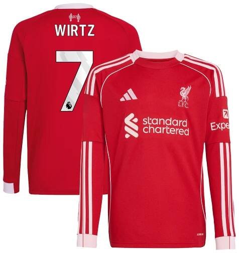 Liverpool adidas Home Shirt 2025-26 - Kids - Long sleeve with Wirtz 7 printing