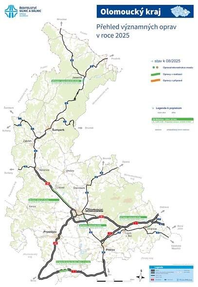 Mapa významných oprav ŘSD v Olomouckém kraji (srpen 2025) - Ředitelství silnic a dálnic s. p. pro Olomoucký kraj