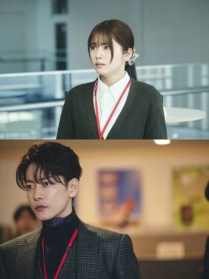 Screenshots from the Japanese adaptation of “Marry My Husband,” a woman actress above and a male actor below
