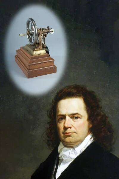 A portrait of Elias Howe, his sewing machine appearing in a thought bubble above him.