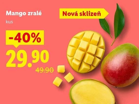 Zralé mango v akci, s cenou 29.90 a původní cenou 49.90, s nápisem „Nová sklizeň“.