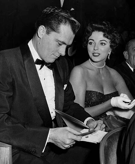 Nicky Hilton and actress Joan Collins together at a the premiere of the film 'Heaven Knows, Mr Allison', 1957.