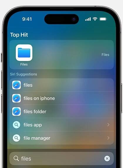 An iPhone showing the search results for "files." The Files app is a top hit at the top of the screen.