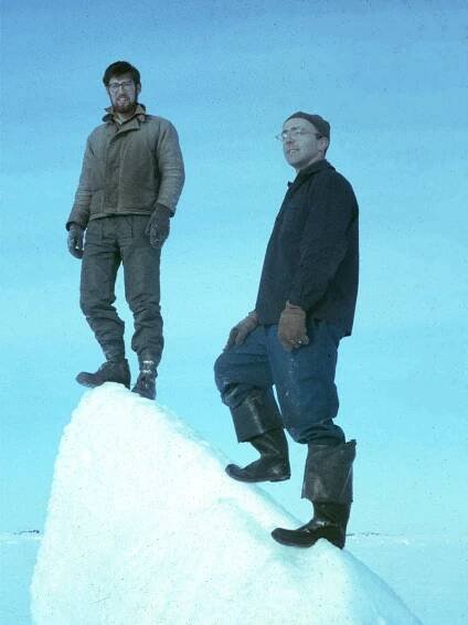 John and his Boss, Columbia University scientist Dr. Ken Hunkins, on a pressure ridge at Ice Station T-3, summer of 1963, in the Arctic Ocean, 700 miles N of Point Barrow, 300 mi S. of North Pole.