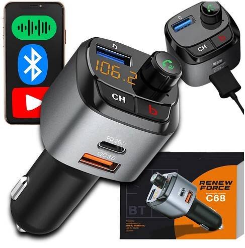 Bluetooth transmitter do auta FM s 36W nabíječkou QC3.0 USB-C