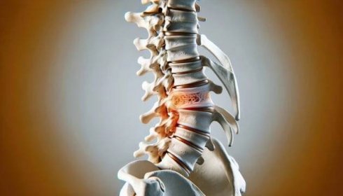 Human spine viewed from the side, with a detailed emphasis on a single bulging disc, demonstrating the potential impact on spinal health and structure.