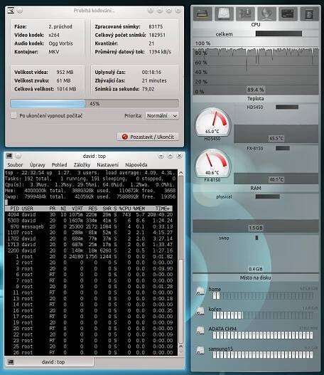 AMD FX-8150 BUlldozer, Kubuntu 11.10 x64, vytížení CPU (Avidemux, x264)