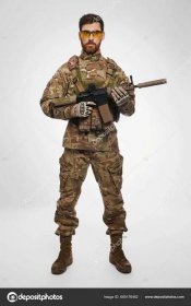 Download - Confident, serious military officer carrying assault weapon with both hands in studio. Front view of bearded infantryman in camouflage, posing with shotgun, on white background. Concept of army. — Stock Image