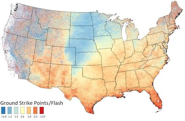 The number of points at which lightning hit the ground in the US between 2017 and 2022