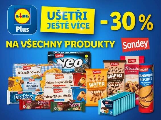 Reklama na sušenky a oplatky Sondey s 30% slevou pro členy Lidl Plus.