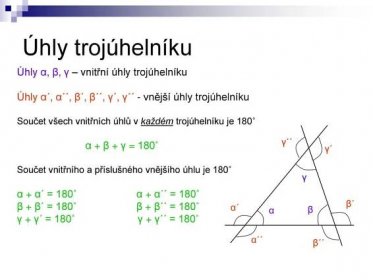 Úhly α´, α´´, β´, β´´, γ´, γ´´ - vnější úhly trojúhelníku. Součet všech vnitřních úhlů v každém trojúhelníku je 180˚ α + β + γ = 180˚ Součet vnitřního a příslušného vnějšího úhlu je 180˚ α + α´ = 180˚ α + α´´ = 180˚ β + β´ = 180˚ β + β´´ = 180˚ γ + γ´ = 180˚ γ + γ´´ = 180˚ γ´´ γ´ γ. β´ α´ α. β. α´´ β´´