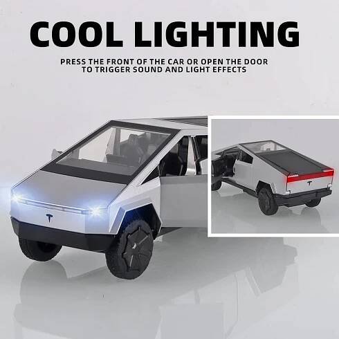 Model auta v měřítku 1/32 Cybertruck Pickup Přívěs tlakově litý, autíčko se zvukem a světlem pro děti Batole Boys Girls Collection
