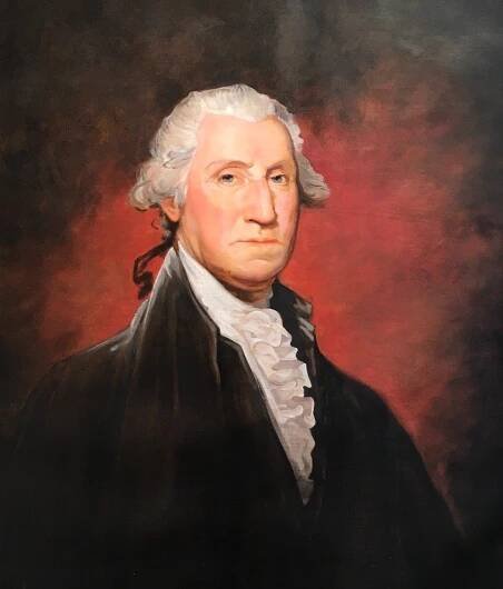 A painting of george washington with a red background