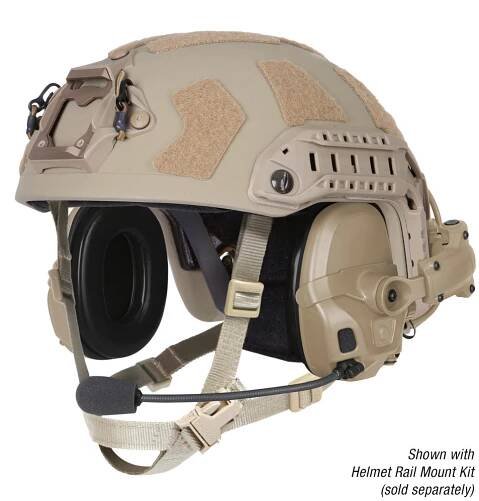 The Ops-Core AMP Communication Headset shown in a helmet configuration with rail mount kit and noise-cancelling microphone