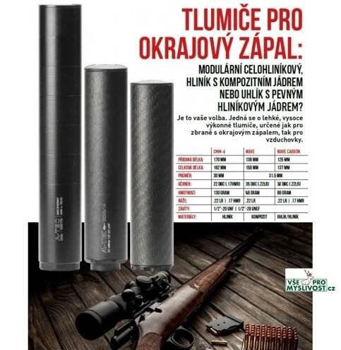 Tlumič A-TEC, model WAVE Carbon, pro malorážky, Ráže:.22LR, na závit M15x1mm