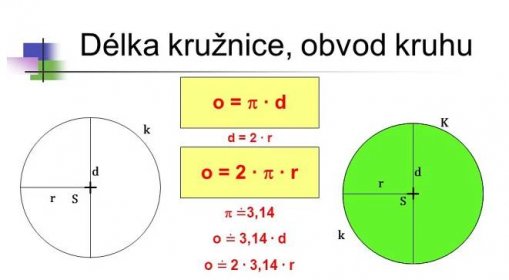 * Délka kružnice, obvod kruhu. o = p ∙ d. K. k. d = 2 ∙ r. o = 2 ∙ p ∙ r. d. d. r. r. S. S. p = 3,14. o = 3,14 ∙ d. k. o = 2 ∙ 3,14 ∙ r. *