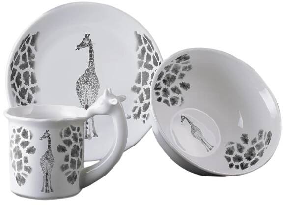 Dětská porcelánová souprava Žirafa | Mělký, hluboký talíř + hrnek | VIVA PORCELÁN - PORCELÁNOVÁ MANUFAKTURA