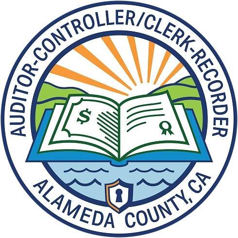 Auditor-Controller/Clerk Recorder seal with an open book over water, hills with sun behind hills