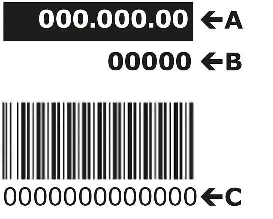 A graphic of a manufacturer's label on an electrical appliance from IKEA. The upper 8-digit number A stands for the article number, the 5-digit number B below is the manufacturer number and the number C below the barcode is the service number.
