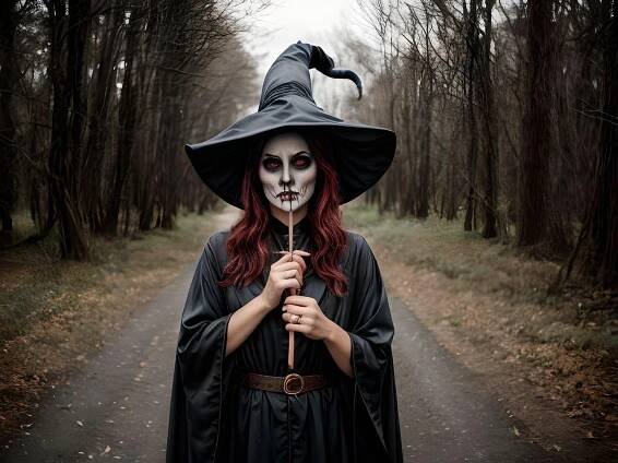 Young lady with scary witch makeupwitch hat and black long robe hands on wand