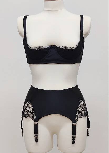 black lace quarter cup Lucy bra, shown with matching Scarlett garter belt