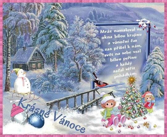 a christmas card with an image of children playing in the snow near a snowy village