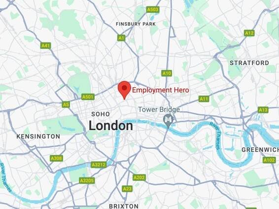 Map view of London, United Kingdom, highlighting a central location