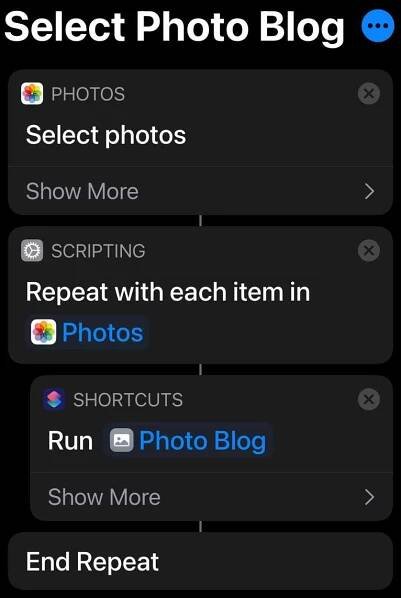 A screenshot of iOS Shortcuts showing multiple actions that select images and run each one through the "Photo Blog" shortcut