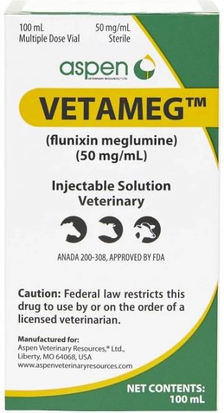 Vetameg (flunixin meglumine) Injectable for Horses & Livestock, 50mg/mL
