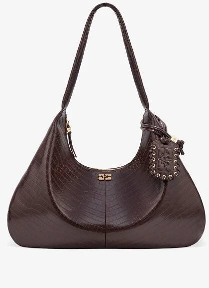 Brown Croco XXL Hobo Bag, Lyocell, in colour Chocolate Fondant - 1 - GANNI