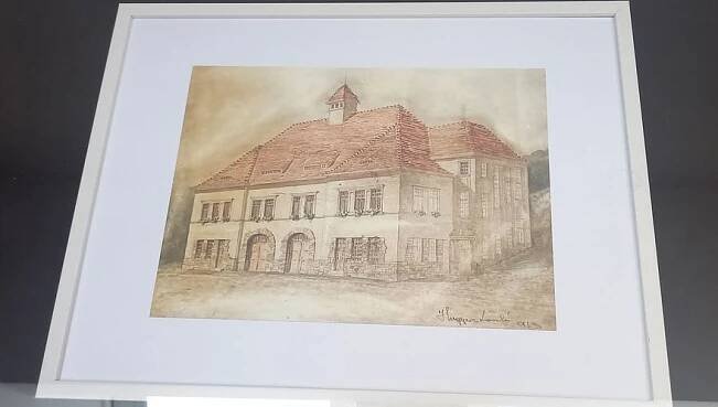 Návrh požiarnej zbrojnice v Kremnici, autorom kresby je Ladislav Hudec.
