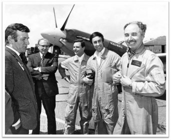 Cliff Rogers, Chief Test Pilot (decorated WW2 Bomber Pilot) in a typical bout of light hearted repartee with ground crew for the benefit of the TV film crew - 1968