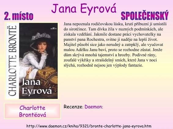 Jana nepoznala rodičovskou lásku, krutí příbuzní ji umístili do sirotčince. Tam dívka žila v nuzných podmínkách, ale získala vzdělání. Jakmile dostane práci vychovatelky na panství pana Rochestra, svitne jí naděje na lepší život. Majitel působí sice jako nerudný a zatrpklý, ale vyučovat malou Adélku Janu baví, proto se rozhodne zůstat. Jenže dům skrývá mnohá tajemství a hrozby. Podivné rány, zoufalé výkřiky a strašidelný smích, které Jana v noci slýchá, rozhodně nejsou jen výplody fantazie. Recenze :  Daemon :   Jana Eyrová Charlotte Brontëová http://www.daemon.cz/kniha/9321/bronte-charlotte-jana-eyrova.htm SPOLEČENSKÝ 2. místo 