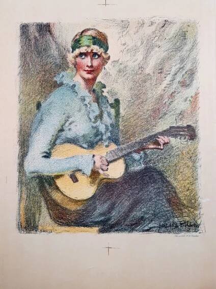 Naske František Xaver – Kytaristka, původní barevná litografie, ca 1930